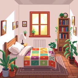 A cozy bedroom scene in 2D pixel art style, featuring a soft bed with a colorful quilt, a wooden nightstand with a simple lamp on top, and a window revealing a sunny day outside