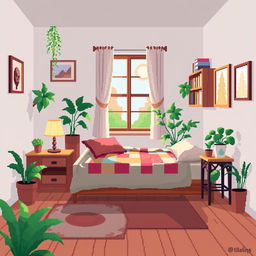 A cozy bedroom scene in 2D pixel art style, featuring a soft bed with a colorful quilt, a wooden nightstand with a simple lamp on top, and a window revealing a sunny day outside