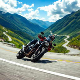 A dynamic scene of a motorcyclist expertly leaning into a sharp curve on a mountain road