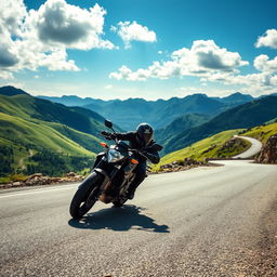 A dynamic scene of a motorcyclist expertly leaning into a sharp curve on a mountain road