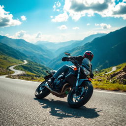 A dynamic scene of a motorcyclist expertly leaning into a sharp curve on a mountain road