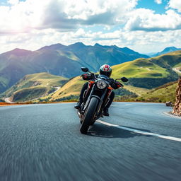 A dynamic scene of a motorcyclist expertly leaning into a sharp curve on a mountain road