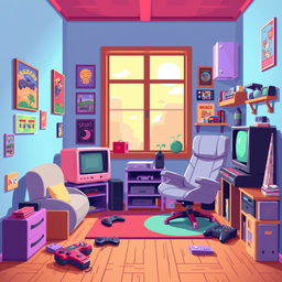 A vibrant 2D pixel art background for a cozy game room, featuring colorful decorations such as pixelated posters on the walls, a retro gaming console setup, and a comfy gaming chair