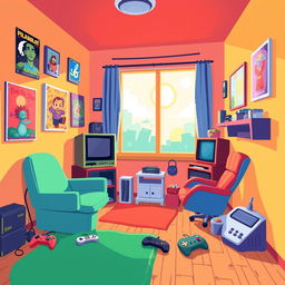 A vibrant 2D pixel art background for a cozy game room, featuring colorful decorations such as pixelated posters on the walls, a retro gaming console setup, and a comfy gaming chair