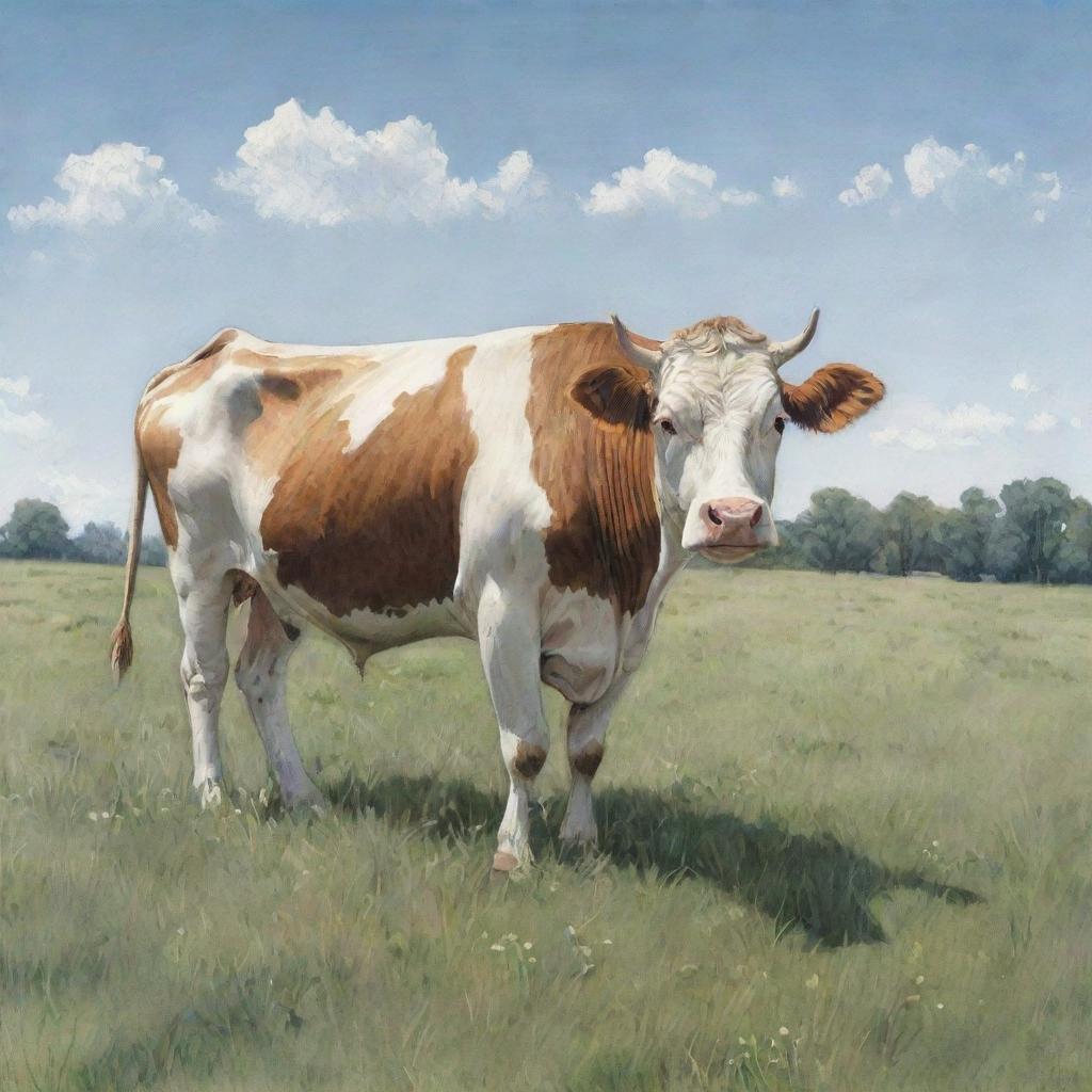 A detailed sketch of a peaceful cow grazing in a lush meadow under a clear sky.