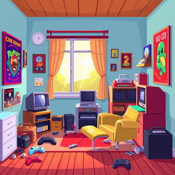 A vibrant 2D pixel art background for a cozy game room, featuring colorful decorations such as pixelated posters on the walls, a retro gaming console setup, and a comfy gaming chair