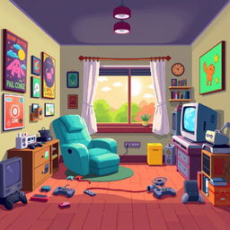 A vibrant 2D pixel art background for a cozy game room, featuring colorful decorations such as pixelated posters on the walls, a retro gaming console setup, and a comfy gaming chair