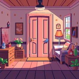 A colorful 2D pixel art background depicting a cozy room with a large, pixelated door as the central feature