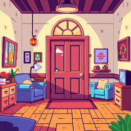 A colorful 2D pixel art background depicting a cozy room with a large, pixelated door as the central feature