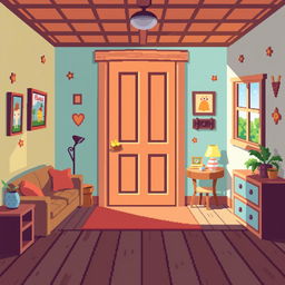 A colorful 2D pixel art background depicting a cozy room with a large, pixelated door as the central feature