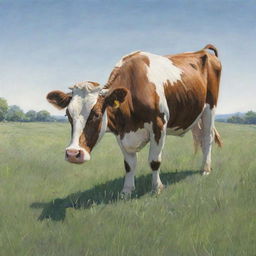 A detailed sketch of a peaceful cow grazing in a lush meadow under a clear sky.