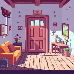 A colorful 2D pixel art background depicting a cozy room with a large, pixelated door as the central feature