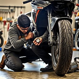 A motorcyclist kneeling beside their well-maintained motorcycle, intently checking the tire pressure with a gauge