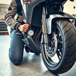 A motorcyclist kneeling beside their well-maintained motorcycle, intently checking the tire pressure with a gauge