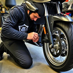 A motorcyclist kneeling beside their well-maintained motorcycle, intently checking the tire pressure with a gauge