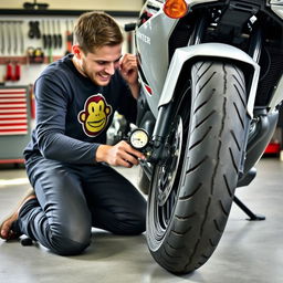 A motorcyclist kneeling beside their well-maintained motorcycle, intently checking the tire pressure with a gauge