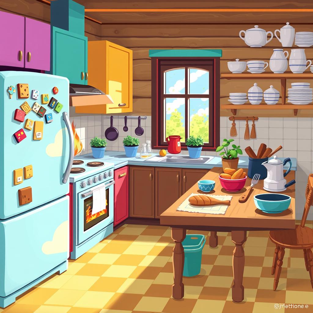 A vibrant 2D pixel art kitchen scene filled with charming details