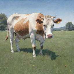 A detailed sketch of a peaceful cow grazing in a lush meadow under a clear sky.