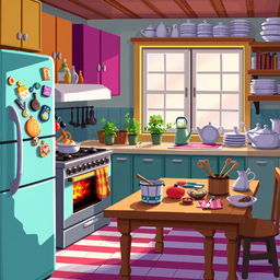 A vibrant 2D pixel art kitchen scene filled with charming details