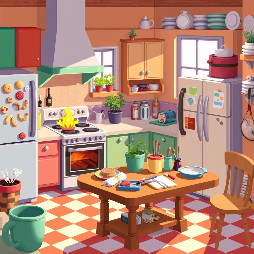 A vibrant 2D pixel art kitchen scene filled with charming details