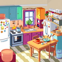 A vibrant 2D pixel art kitchen scene filled with charming details