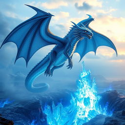 A majestic dragon with shimmering diamond wings, soaring above a dramatic landscape where ice is erupting from beneath the earth, surrounded by blue flames that give off an ethereal glow