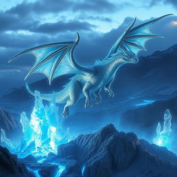 A majestic dragon with shimmering diamond wings, soaring above a dramatic landscape where ice is erupting from beneath the earth, surrounded by blue flames that give off an ethereal glow