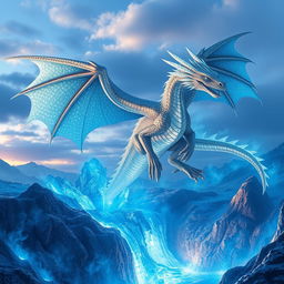 A majestic dragon with shimmering diamond wings, soaring above a dramatic landscape where ice is erupting from beneath the earth, surrounded by blue flames that give off an ethereal glow