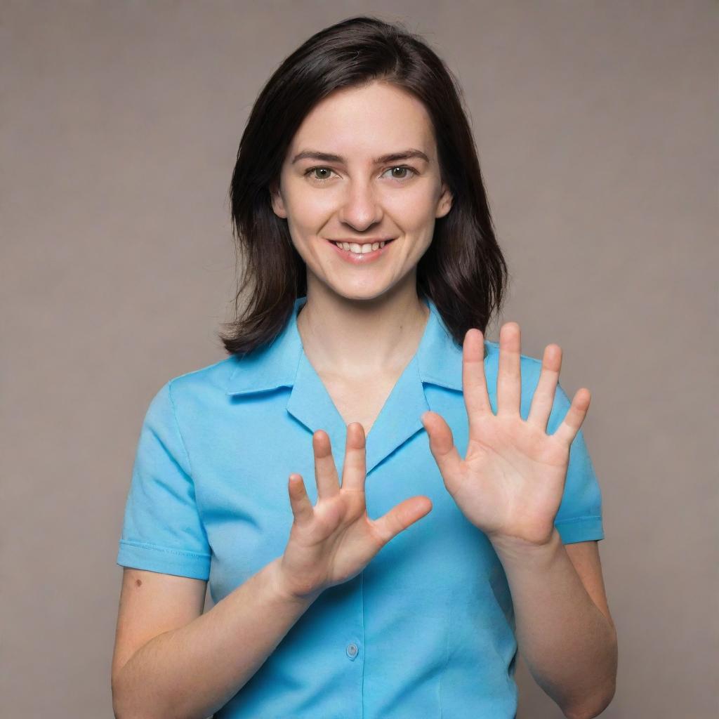 Generate an avatar of a sign language translator. The avatar should have expressive, empathetic eyes and hands shaping a sign language symbol