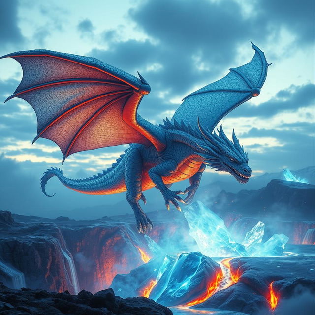 A majestic dragon with shimmering diamond wings, soaring above a dramatic landscape where ice is erupting from beneath the earth, surrounded by blue flames that give off an ethereal glow