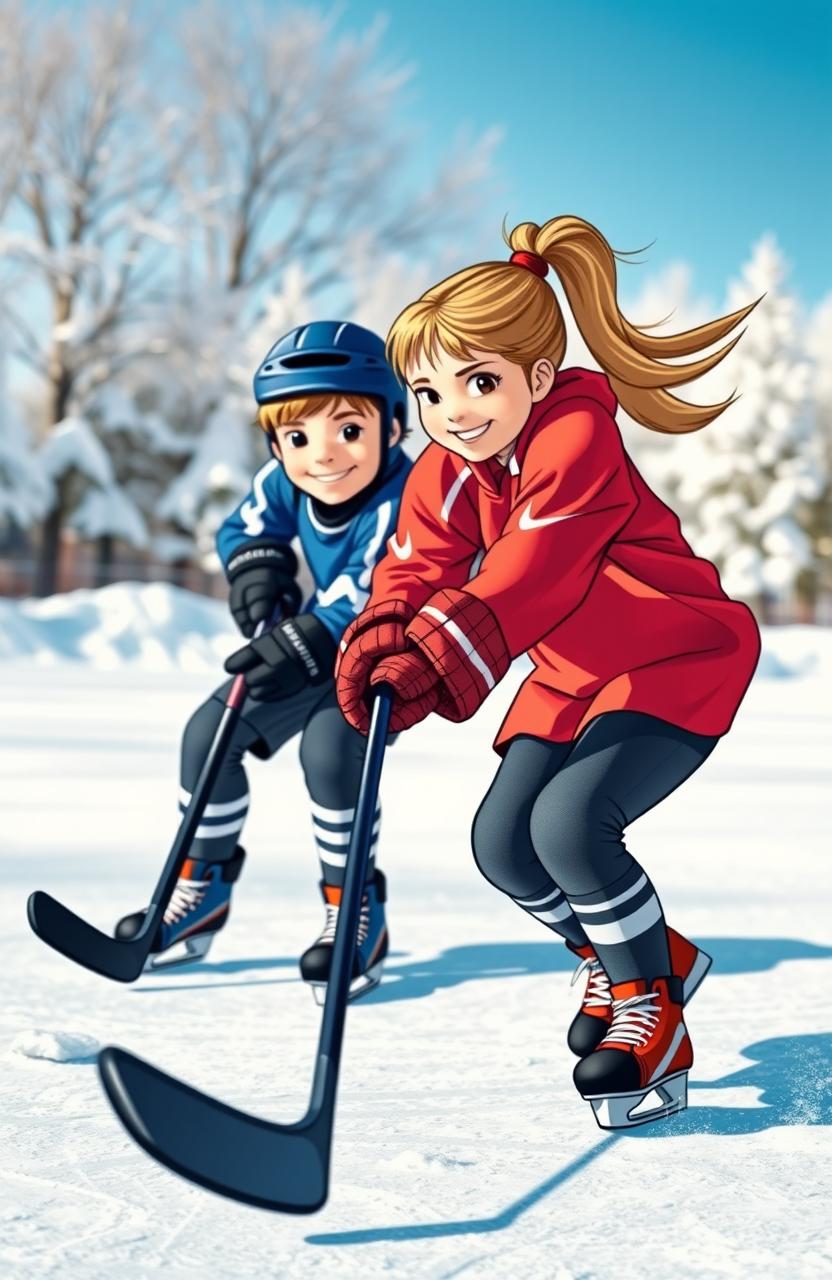 A vibrant scene depicting a boy and a girl playing hockey on an outdoor rink