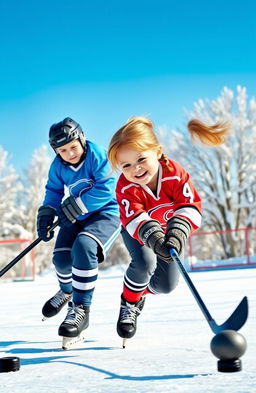 A vibrant scene depicting a boy and a girl playing hockey on an outdoor rink