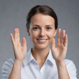 Generate an avatar of a sign language translator. The avatar should have expressive, empathetic eyes and hands shaping a sign language symbol