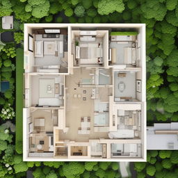 A 3000 square foot architectural plan composed of four chic living rooms each with an en-suite bathroom, a dedicated study room, and a sleek, fully-equipped kitchen.