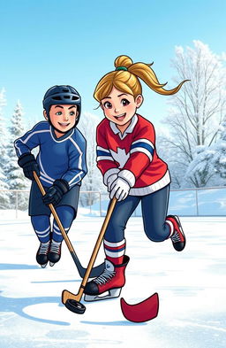 A vibrant scene depicting a boy and a girl playing hockey on an outdoor rink