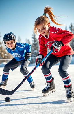 A vibrant scene depicting a boy and a girl playing hockey on an outdoor rink