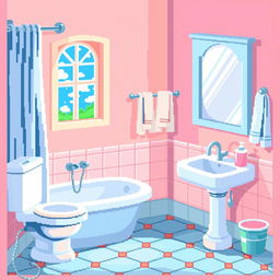 A 2D pixel art background of a bathroom scene, featuring a colorful and playful design