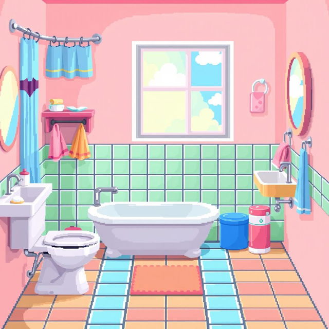 A 2D pixel art background of a bathroom scene, featuring a colorful and playful design