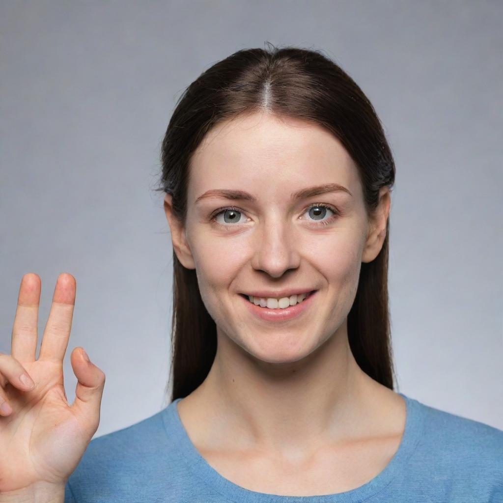 Generate an avatar of a sign language translator. The avatar should have expressive, empathetic eyes and hands shaping a sign language symbol