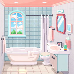 A 2D pixel art background of a bathroom scene, featuring a colorful and playful design