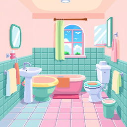 A 2D pixel art background of a bathroom scene, featuring a colorful and playful design