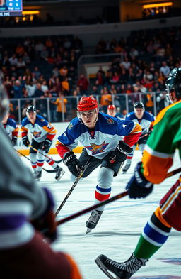 A dynamic and exciting scene capturing a teenage hockey game, where players wearing colorful jerseys battle on the ice