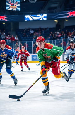 A dynamic and exciting scene capturing a teenage hockey game, where players wearing colorful jerseys battle on the ice