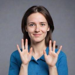 Generate an avatar of a sign language translator. The avatar should have expressive, empathetic eyes and hands shaping a sign language symbol