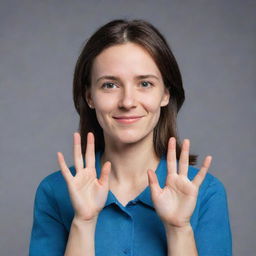 Generate an avatar of a sign language translator. The avatar should have expressive, empathetic eyes and hands shaping a sign language symbol