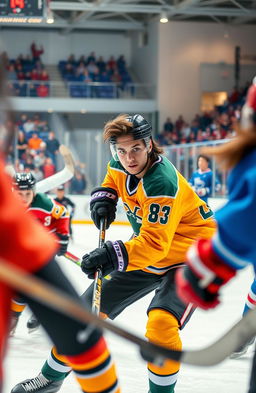 A dynamic and exciting scene capturing a teenage hockey game, where players wearing colorful jerseys battle on the ice