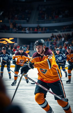 A dynamic and exciting scene capturing a teenage hockey game, where players wearing colorful jerseys battle on the ice