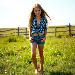 A sexy barefoot country girl standing in a sunlit field, wearing a blue plaid shirt knotted at the waist and denim shorts
