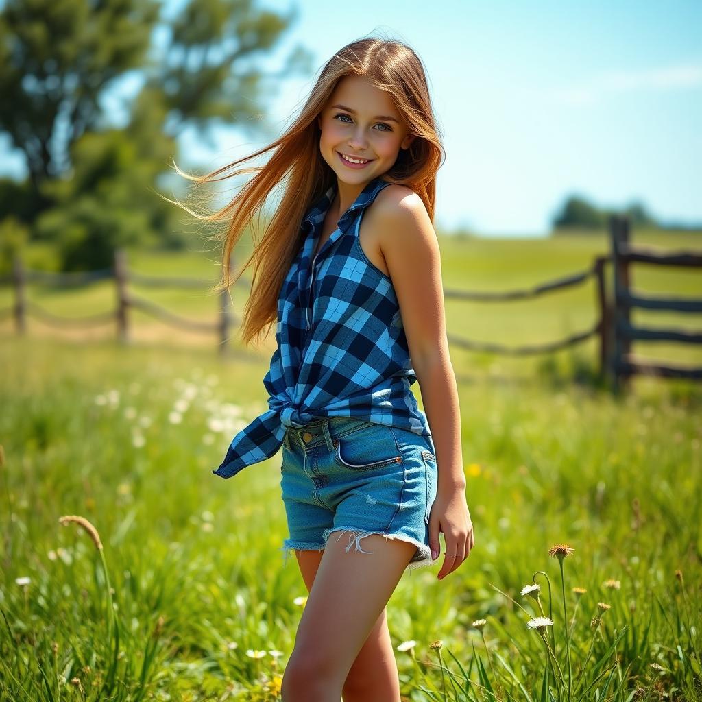 A sexy barefoot country girl standing in a sunlit field, wearing a blue plaid shirt knotted at the waist and denim shorts