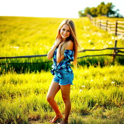 A sexy barefoot country girl standing in a sunlit field, wearing a blue plaid shirt knotted at the waist and denim shorts